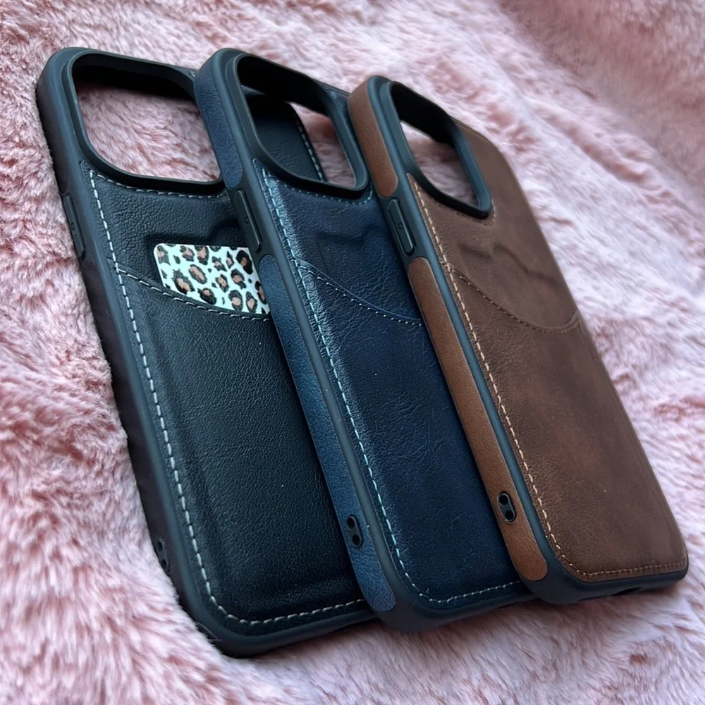 For iPhone 14 PRO leather phone case with pocket holder with elegant stitching